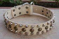 20%Discount-S56 - 3 Rows Leather Dog Collar with Pyramids and Studs